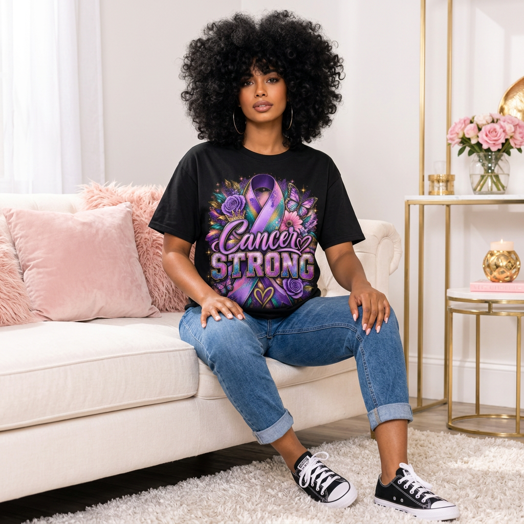 Model wearing black Cancer Strong ribbon and butterfly T-shirt with black sneakers seated on an ivory sofa