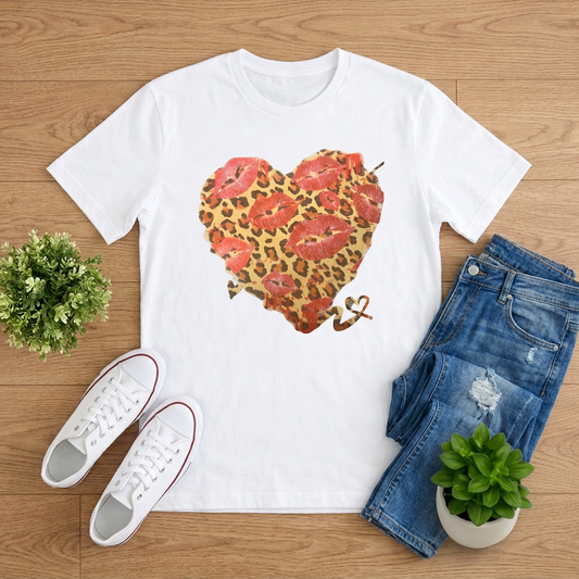 Kisses leopard heart T-shirt in a broad classic fit with jeans and white sneakers on brown wood