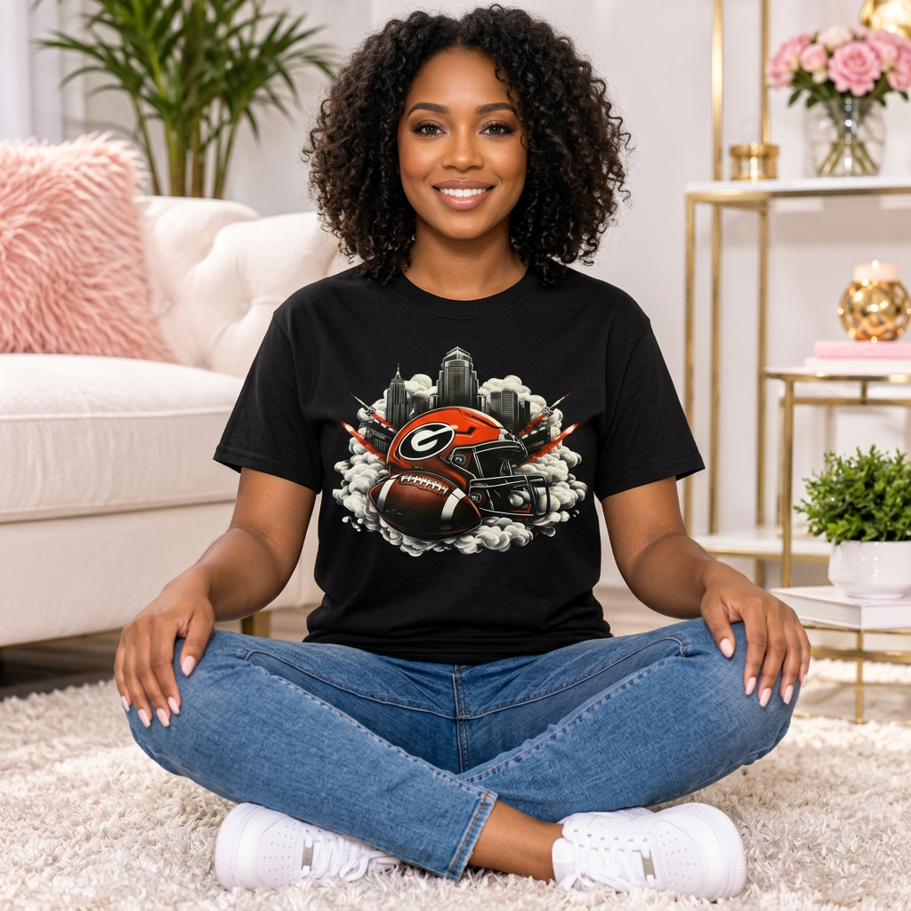 Seated model wearing the black Georgia football graphic T-shirt with jeans and white sneakers