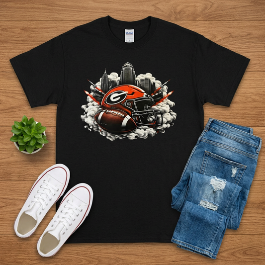 Black Georgia football graphic T-shirt with jeans and white sneakers on brown wood