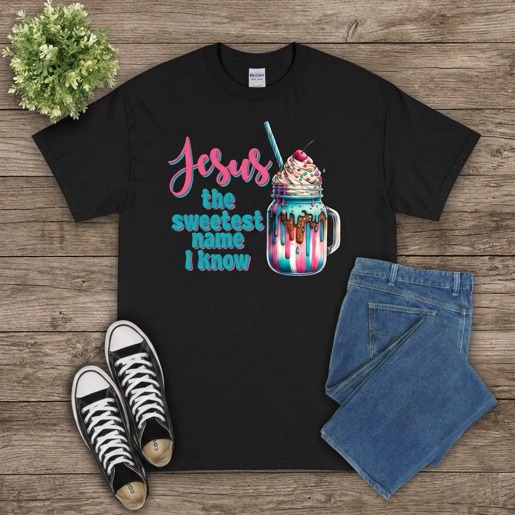 Black Jesus the Sweetest Name I Know milkshake graphic T-shirt flat lay on brown wood with jeans and black sneakers