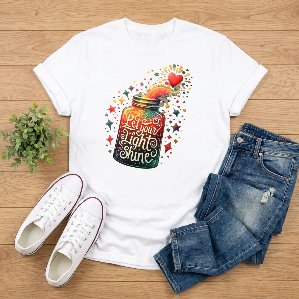 White Let Your Light Shine T-shirt with distressed jeans and white sneakers on warm brown wood