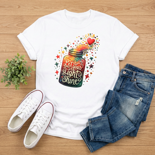 White Let Your Light Shine T-shirt with distressed jeans and white sneakers on warm brown wood
