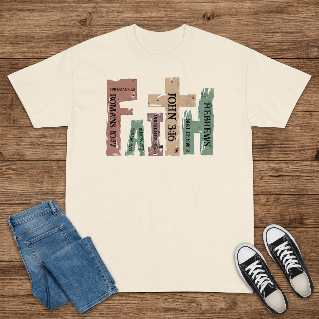 Broad cream Retro Faith T-shirt with smaller chest print on brown wood with jeans and black sneakers