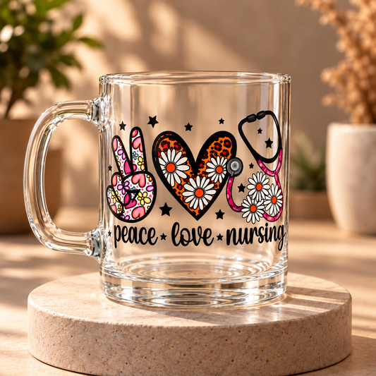 Peace Love Nursing 17oz Glass Coffee Mug | Nurse Appreciation Gift